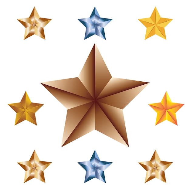 Vector golden stars collection 3d golden stars golden and blue stars on white background