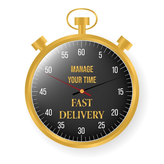 Golden stopwatch with soft shadow inscription manage your time fast delivery Vector illustration
