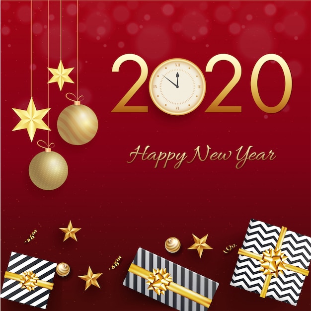 Golden text 2020 with clock, hanging baubles, stars and gift boxes on red  for Happy New Year celebration.