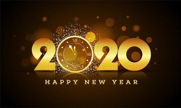 新年あけましておめでとうございますお祝いの茶色のボケにきらびやかな効果を持つ壁時計と黄金のテキスト2020。グリーティングカード 。