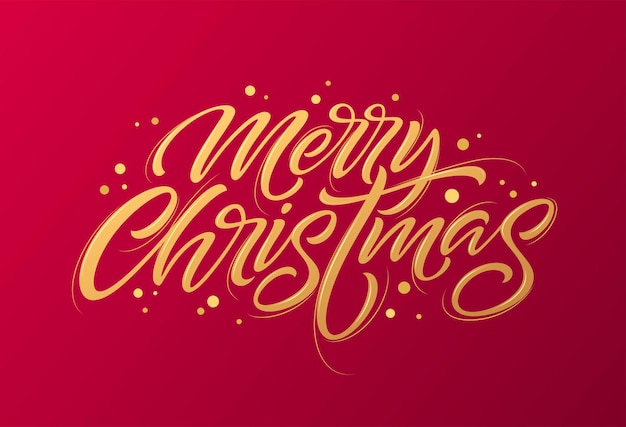 Golden text on dark red background. Merry Christmas and Happy New Year lettering for invitation and greeting card, prints and posters. Hand drawn inscription, calligraphic design. Vector illustration