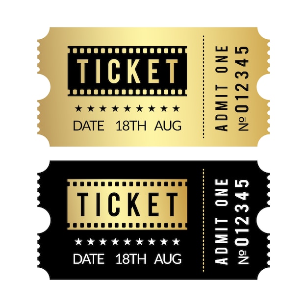 Golden ticket set. Cinema, theater, party, museum, event, concert gold and black tickets template