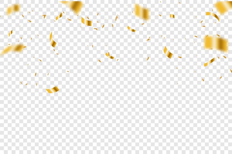 Vector golden tiny confetti and streamer ribbon falling. bright golden festive tinsel