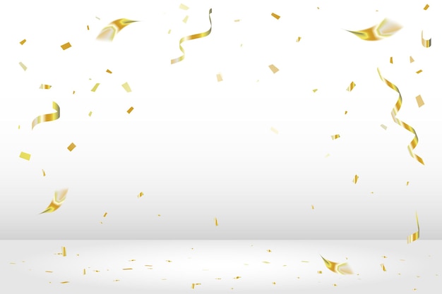 Golden Tiny Confetti And Streamer Ribbon Falling On White Studio Background. Vector