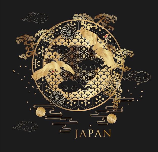 Золотой традиционный дизайн в японском стиле с золотым кругом