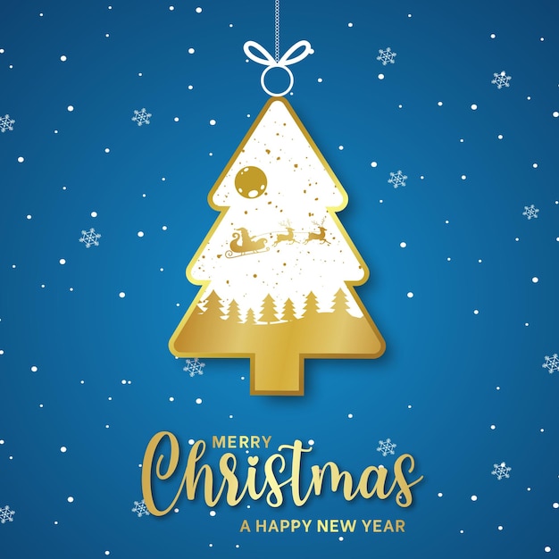 Golden tree Merry Christmas banner and Happy New Year poster