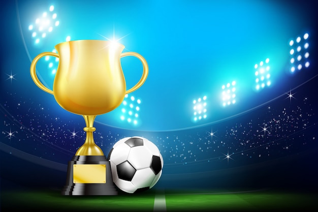 Golden trophy cups and Soccer football ball stadium