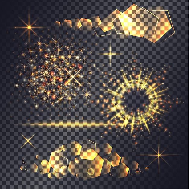 Golden vector light effects shining realistic flashes on a transparent background