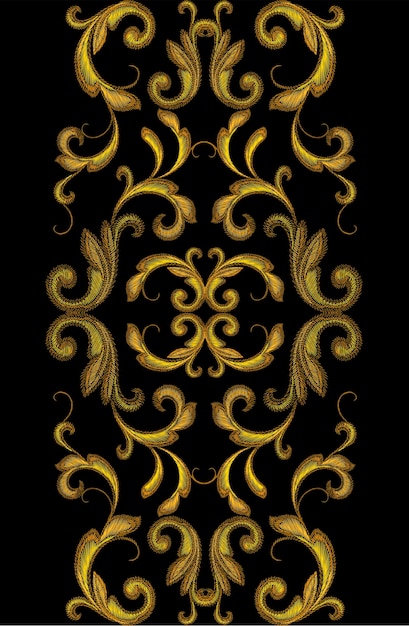 Golden Victorian Embroidery Floral Seamless Border Ornament Stitch texture fashion print patch gold flower Baroque design element vector illustration art
