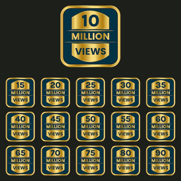 Golden views celebration clipart 10 million views to 90 million plus views banner vector set