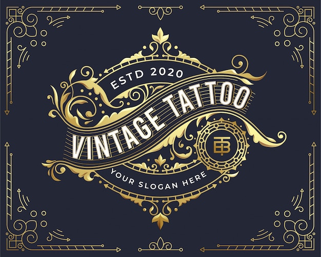 golden vintage badge logo design with flourish ornament