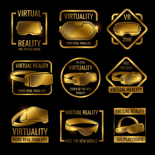 ベクトル 黄金の仮想現実のメガネとヘルメットのラベルデザイン