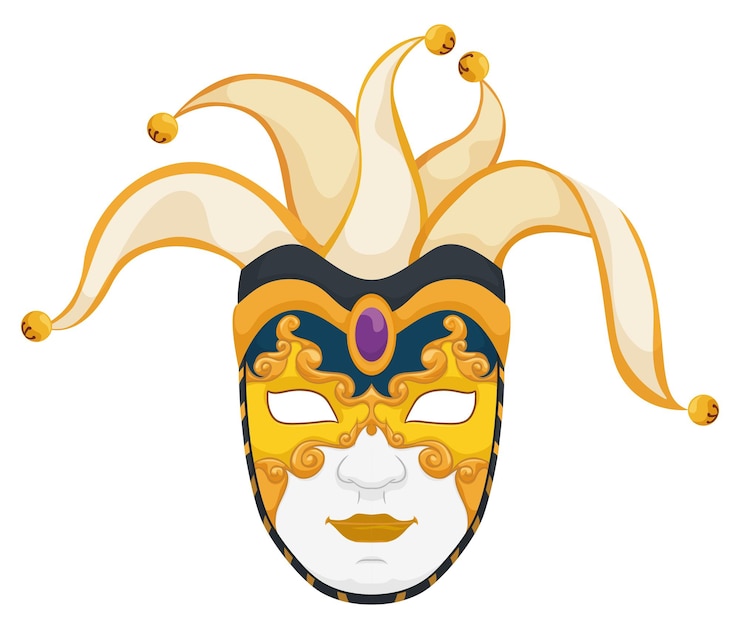 Vector golden volto mask decorated with jester crest for carnival season