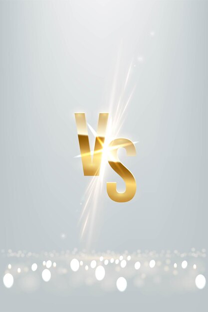 Golden vs letter sign with glowing shiny spark on light luxury vertical background versus logo element for game battle sport match with sun explosion burning sunray effect