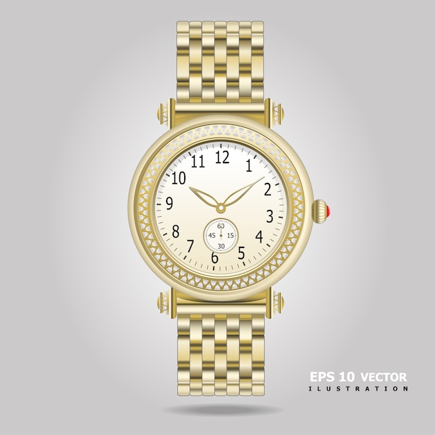 Vector golden watch with diamonds on gray