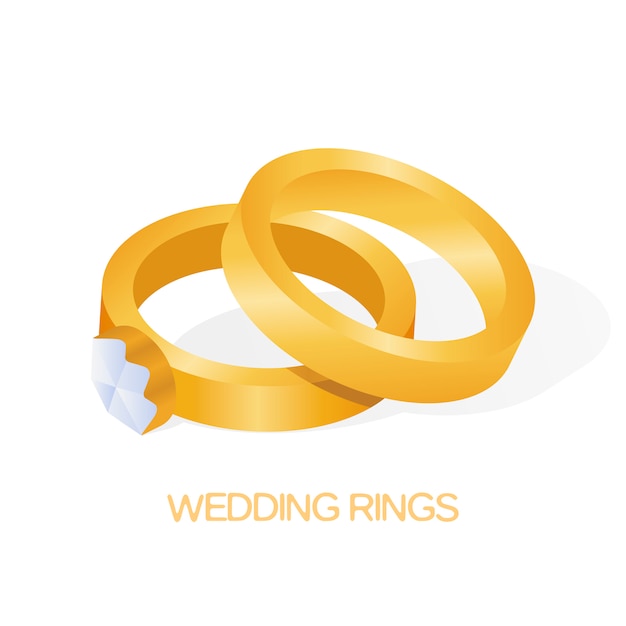 Premium Vector | Golden wedding couple ring with big shiny diamond ...