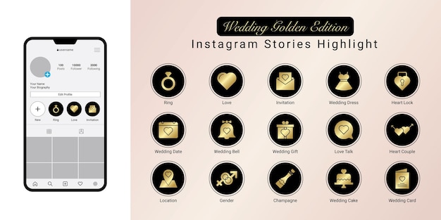 Vector golden wedding instagram stories highlight cover