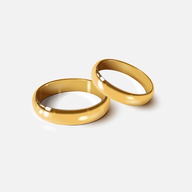 Vector golden wedding rings isolated on white, 3d realistic style.