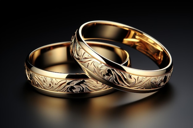 Golden wedding rings with reflection in isolated black background