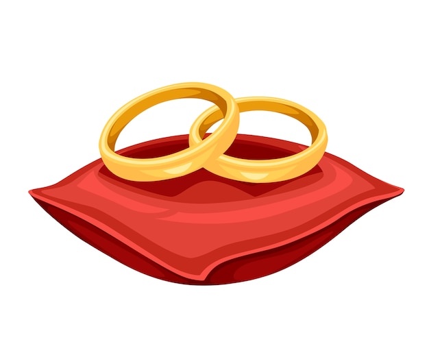 Golden weddings rings on red velvet pillow illustration