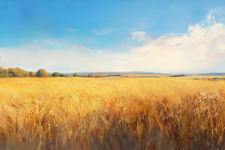 Vector golden wheat fields impressionistic oil painting landscape art sky sun farm view rural image retro