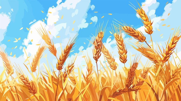 Vector golden wheat spikelets in field on sunny day in vector style