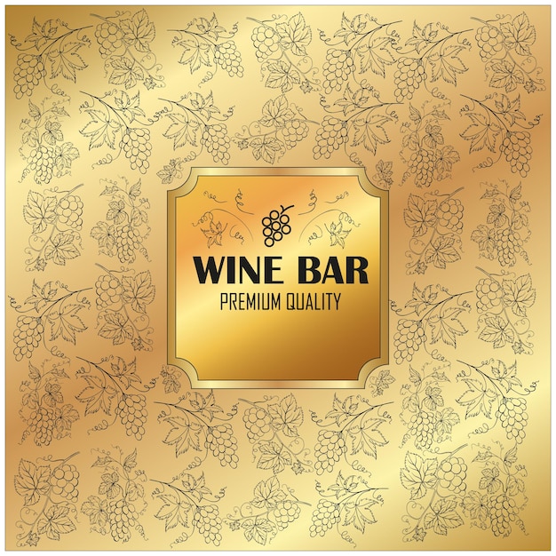 Vector golden wine bar banner met druiven en bladeren tekenen.