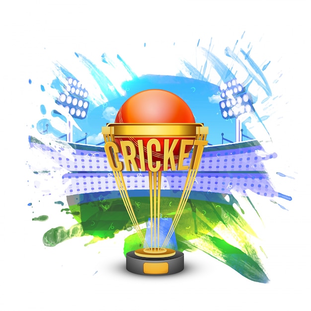 Vector golden winning trophy on stadium background for cricket concept.