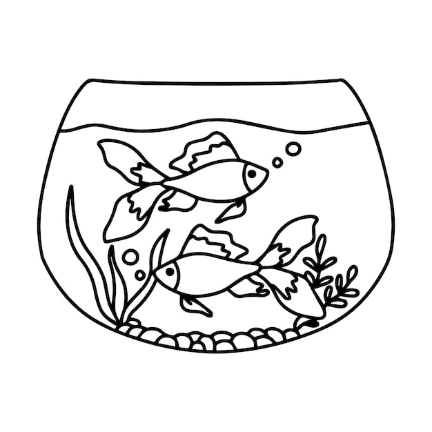 Pesce rosso in un acquario illustrazione vettoriale stile doodle due pesci rossi acquario con alghe