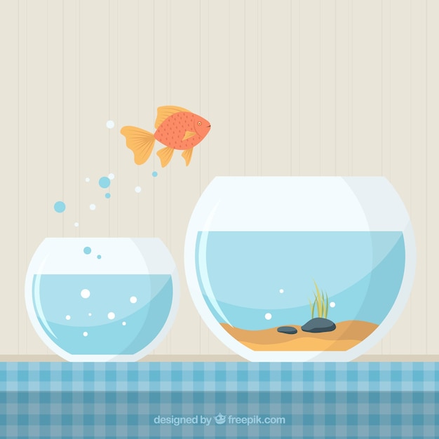 Goldfish jumping out of fishbowl in flat style