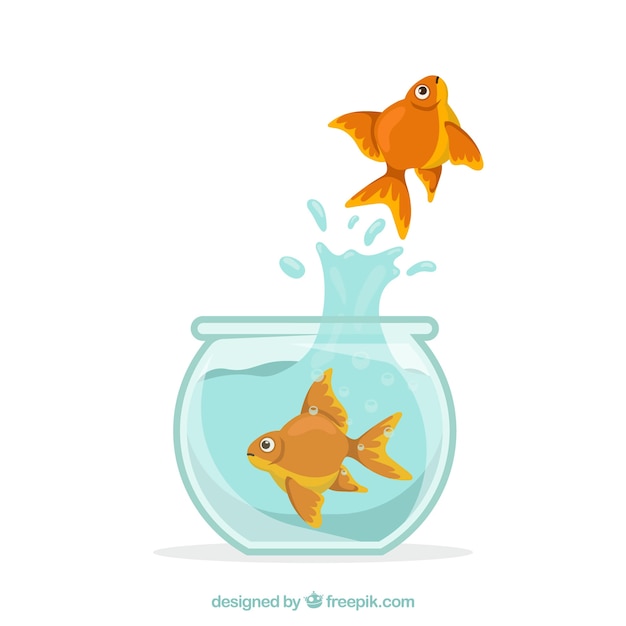 Vector goldfish jumping out of fishbowl in flat style