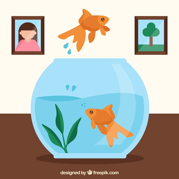 Вектор Золотая рыбка выпрыгивает из аквариума в плоском стиле