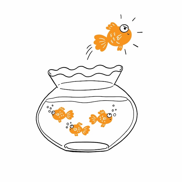 A goldfish jumping out of the water to escape to freedom Hand drawn vector illustration doodle style