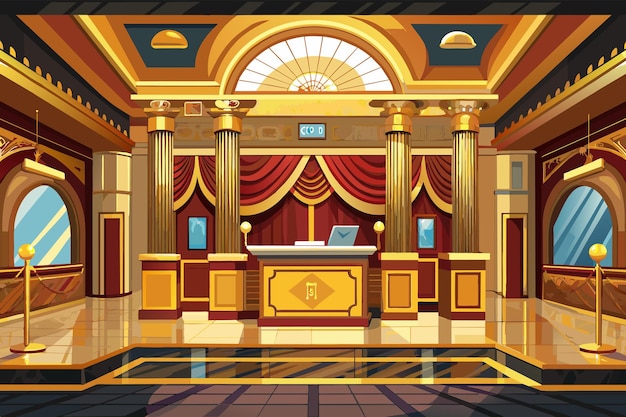 Goldtrimmed ticket counters and marble floors in the lobby luxury movie theater exuding opulence