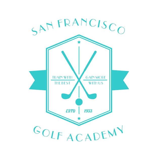 Logo vintage golf academy, emblema con mazze da golf isolato su bianco, illustrazione vettoriale