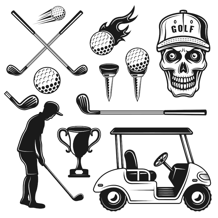 Vector golf attributes and equipment vector objects or design elements in monochrome vintage style isolated on white background