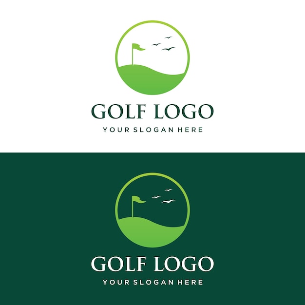 벡터 프로 골프 팀 골프 클럽 토너먼트 비즈니스 이벤트를 위한 골프 공 및 스틱 및 골프 코스 로고 템플릿 디자인 로고