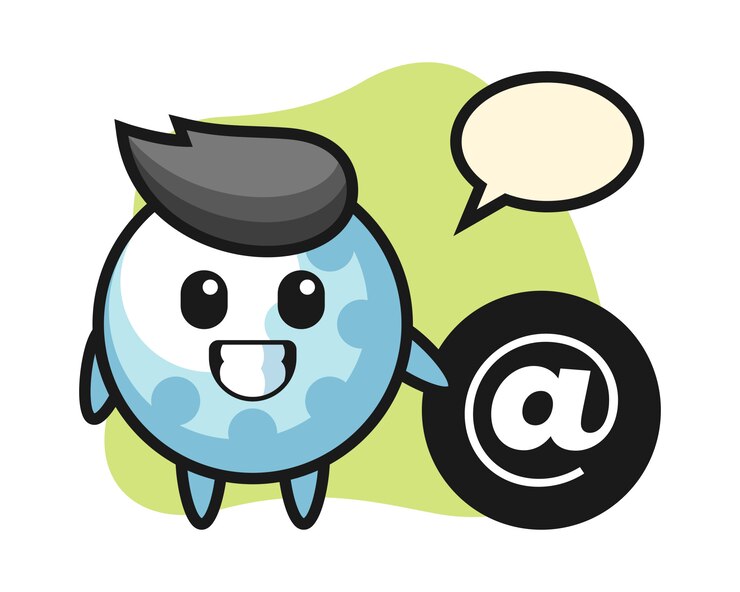 Vector golf ball cartoon character standing beside the at symbol