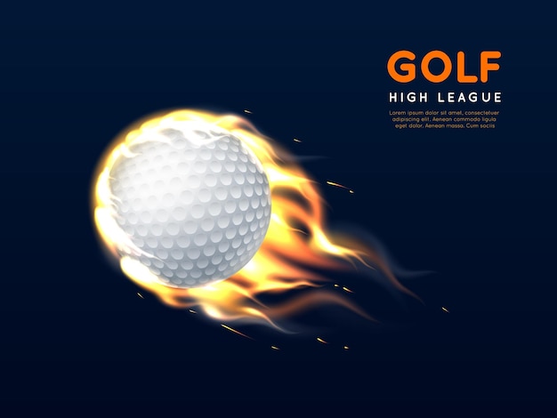 Vector golf ball in fire realistic flying white ball with flame burning sport object club strong blow 3d isolated fast moving hot element sport club or competition poster utter vector concept