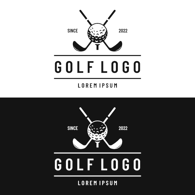 Design del logo della pallina da golf e della mazza da golf logo per l'evento aziendale del torneo di golf club della squadra di golf professionale