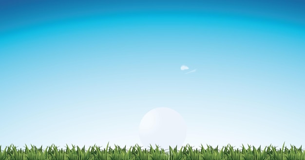 Golf ball on green grass with blue sky