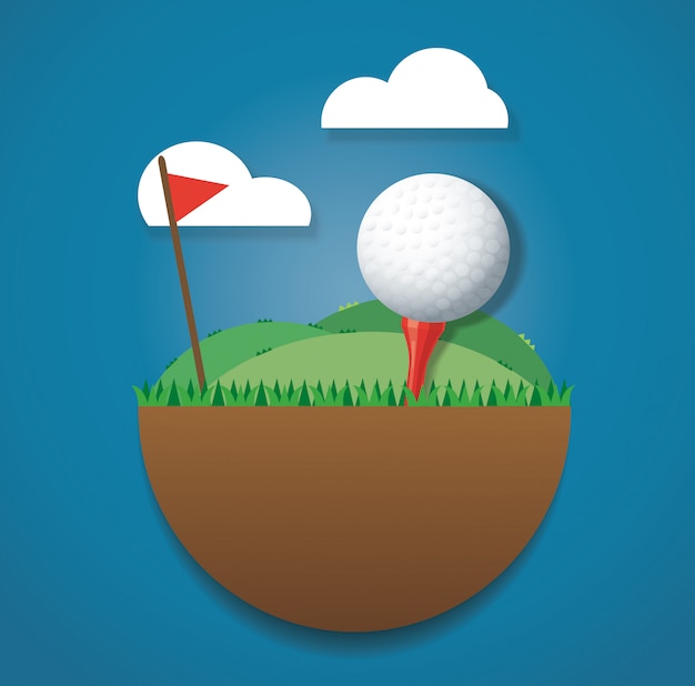 Vector golf ball on ground and red flag vector