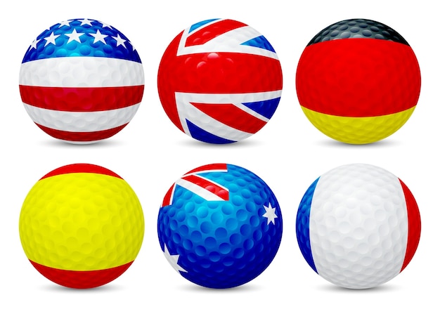 Vector golf ball with flag of france, usa, australia, uk, spain and germany, isolated on white background.