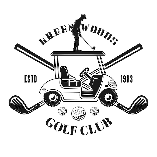 Golf car and crossed golf sticks vector vintage monochrome emblem isolated on white background