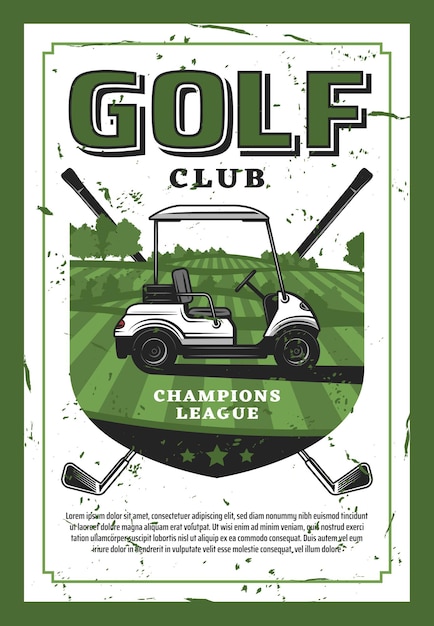 Vettore golf car e golf club sul poster retrò vettoriale del prato