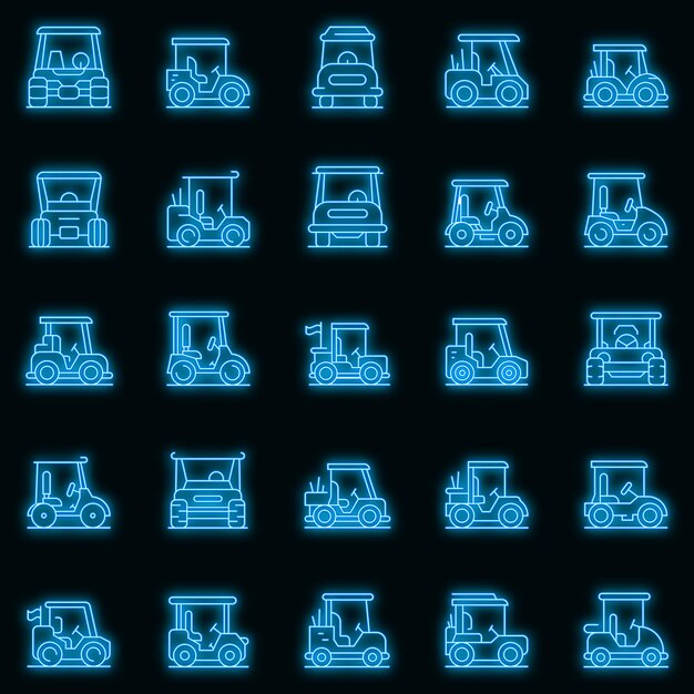 Golf cart icons set. outline set of golf cart vector icons neon color on black