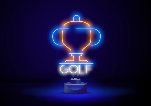 Golf champion cup segno di luce al neon vettore neon golf country club logo modello o icona per torneo e campionato simboli vettoriali del calice della vittoria o del premio della coppa del vincitore del campione
