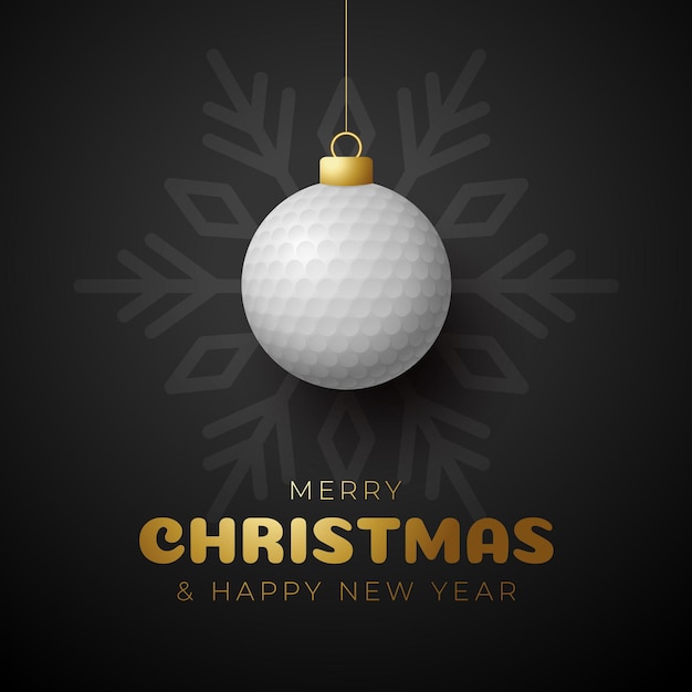 Golf Christmas card. Merry Christmas sport greeting card. Hang on a thread golf ball as a xmas ball and golden bauble on black horizontal background. Sport Vector illustration.