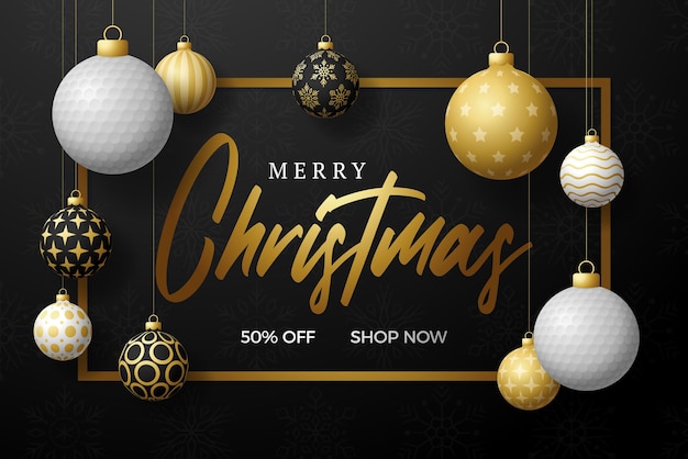 Golf christmas sale banner. merry christmas sport greeting card. hang on a thread golf ball as a xmas ball and golden bauble on black horizontal background. sport vector illustration.