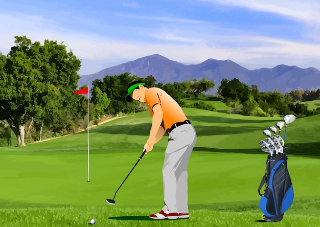 Vettore sfondio del club da golf con immagine dell'uomo golfista illustrazione 3d disegnata a mano vettoriale